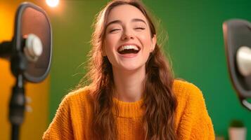 A young enthusiastic woman with long curly hair laughing and smiling as she records a podcast in her cozy home studio surrounded by a green screen backdrop and professional audio equipment photo