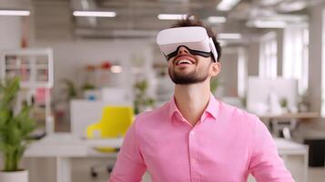 A tech professional immersed in a virtual reality experience while working in a contemporary technology driven office environment photo