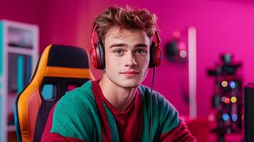 A young enthusiastic gamer intently streaming live from their well equipped bedroom gaming setup with intense focus and dedication photo