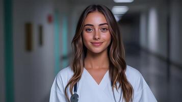 A young confident nurse stands in a hospital hallway projecting a professional and caring demeanor as she is ready to provide medical assistance and support to patients photo