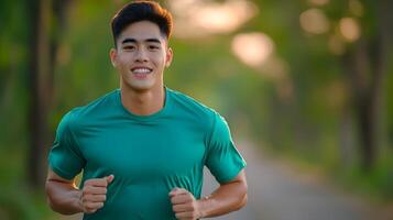 A young athletic man jogging along a path in an urban park as the sun sets surrounded by lush greenery and a peaceful atmosphere photo