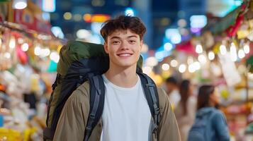 A young backpacker smiling as they navigate through the lively and colorful atmosphere of a bustling Asian night market taking in the sights sounds and energy of the local culture photo