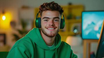A young man with a friendly smile is shown streaming live from his comfortable bedroom setup surrounded by gaming equipment and digital content creation tools photo