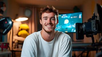 A young man with a friendly expression sits in front of a or streaming live content from his cozy bedroom setup surrounded by various electronic devices and equipment photo