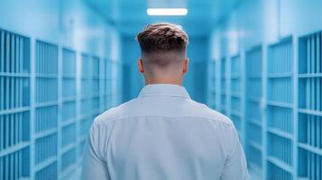 A uniformed security official walking through the corridor of a correctional facility overseeing the and maintaining order and safety within the institution photo