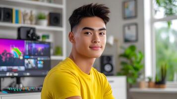 A young casually dressed man smiling happily while streaming live from his well equipped modern bedroom setup photo
