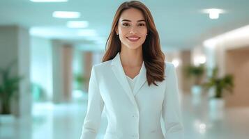A well dressed confident and professional woman walking through the bright and modern lobby of an office building photo