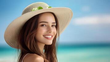 A young smiling woman in a wide brimmed sun hat gazes out at the tranquil turquoise ocean horizon on a sunny day at the beach photo