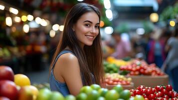 A woman browsing and selecting fresh produce at a lively outdoor market surrounded by a variety of colorful fruits and vegetables photo