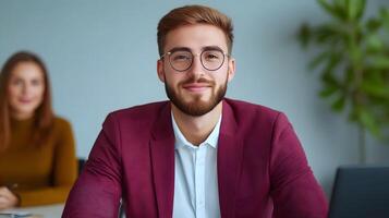 A well dressed confident HR manager smiling and engaged in a constructive interview with a job candidate in a modern office setting photo