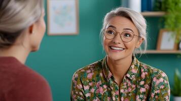 A woman wearing glasses and a floral blouse smiles warmly as she engages in a consultation or coaching session with a client in her cozy well decorated office photo