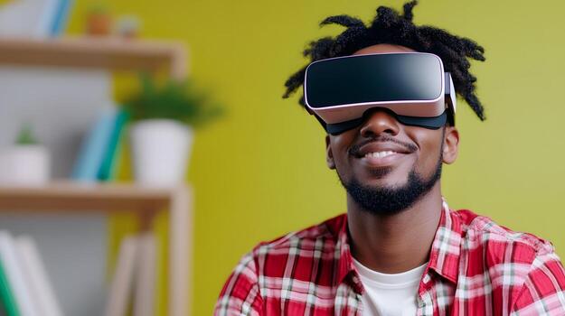 A young casually dressed professional using a virtual reality headset in a bright contemporary office environment exploring the latest digital technologies and innovations photo