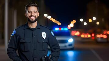 A uniformed police officer standing alert and focused near their patrol car with emergency lights on a city street at night photo