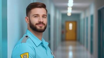 A uniformed corrections officer standing in the hallway of a prison facility overseeing and ensuring the safety and security of the institution photo