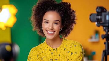 A young energetic woman with curly hair and a warm smile filming a for her social media influencer channel in a brightly lit studio setting photo