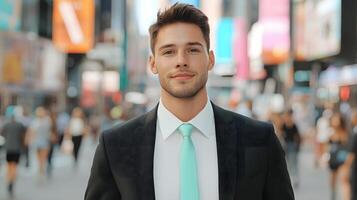 A well dressed businessman confidently strides through a crowded urban street navigating the dynamic environment of a thriving city photo