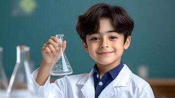 un joven alegre estudiante en un colegio laboratorio participación un vaso cubilete comprometido en un Ciencias experimentar y demostrando su curiosidad y interesar en aprendizaje foto