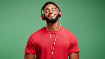 A young man with a warm smile eyes closed appears deeply immersed in the music he is listening to through his red headphones exuding a sense of relaxation and enjoyment photo