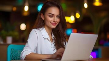 A young professional woman working diligently on her laptop in a cozy cafe setting surrounded by the warm ambiance of the space photo