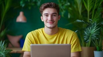 A young smiling freelancer working intently on a laptop in a comfortable indoor environment surrounded by plants and other office decor photo