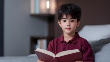 A young boy intently reading a book his face filled with a curious and pensive expression as he explores the world of knowledge and imagination photo