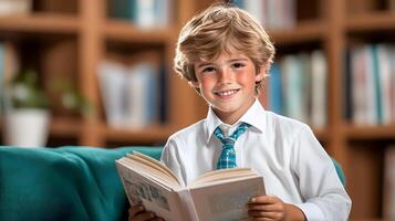 A young student in school uniform sitting in a library deeply engrossed in reading a book with a curious and enthusiastic expression on his face photo