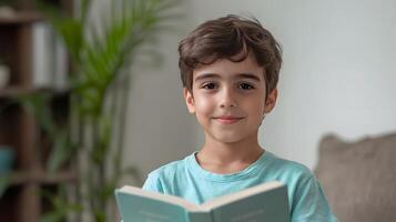 A young boy sits comfortably deeply engaged in a book his face displaying a curious and thoughtful expression as he explores the pages photo