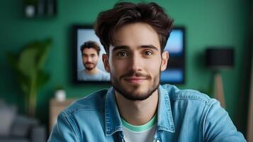 A young smiling man with a beard working on a laptop in a cozy home office setting surrounded by plants and technology photo