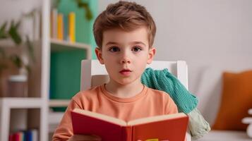 A young boy sits in a cozy room engrossed in a book with a thoughtful inquisitive expression on his face as he explores the world of literature and learning photo