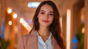 A young stylishly dressed professional woman walking with purpose through a modern well lit office building lobby photo