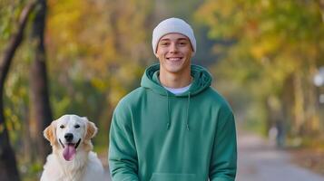 A young smiling man walking his happy energetic dog through a park surrounded by vibrant autumn foliage and trees photo