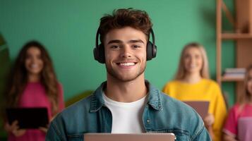 A young smiling male teacher wearing headphones leading an online virtual classroom session with students in the background photo