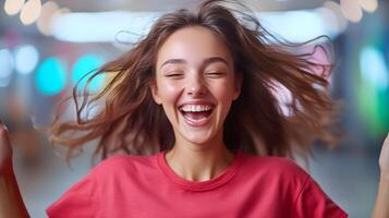 A woman expressing unbridled joy and by dancing freely in an empty brightly lit space photo