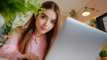 A young smiling woman working remotely from the comfort of her home office surrounded by lush greenery and a modern organized workspace photo