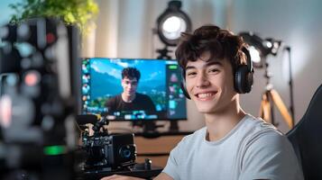A young enthusiastic gamer streaming live from his well equipped bedroom setup showcasing his passion and skills in the digital entertainment space photo