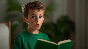 A young boy intently reading a book his face expressing a sense of curiosity and wonder as he explores the pages photo