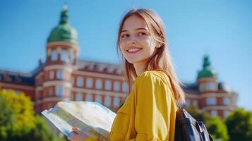 A young smiling woman stands in front of a historic city holding a map as she explores the local architecture and scenery photo
