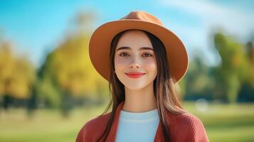 A young smiling woman in a red hat and casual clothes is walking through a lush green park on a bright sunny day photo
