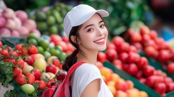 A young smiling woman in a white cap browsing and selecting fresh seasonal produce at an outdoor farmers market or local stall surrounded by a vibrant display of ripe colorful fruits and vegetables photo