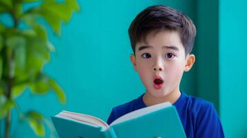 A young boy intently engrossed in a book his face filled with a curious and captivated expression as he explores new ideas and discoveries photo