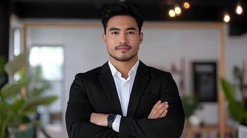 A well dressed male professional standing with a serious expression and arms crossed in an office or workplace environment surrounded by plants and decor photo
