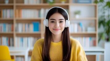 A young smiling woman wearing headphones and sitting in front of a bookshelf conducting an online or virtual class lesson or instruction photo