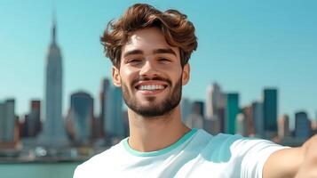 A smiling young man with a beard taking a selfie in front of a modern urban skyline with skyscrapers and buildings in the background photo