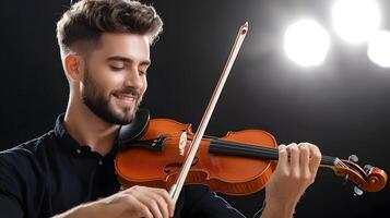 A talented musician playing the violin with focus and passion on a brightly lit stage in a concert hall setting photo