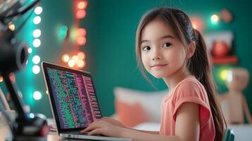 A young girl concentrating as she learns to code on a laptop in the cozy setting of her own bedroom surrounded by warm lighting and a sense of wonder and creativity photo