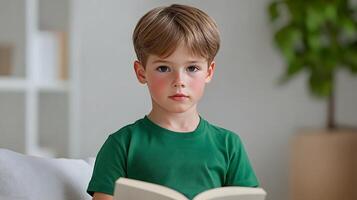 A young boy sits intently reading a book his face displaying a curious and thoughtful expression as he explores the world within the pages photo