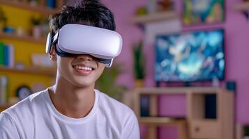 A smiling young man wearing a virtual reality headset immersed in a colorful and interactive gaming environment photo