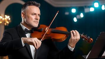 A talented musician in a tuxedo playing the violin with passion and precision on the stage of a grand concert hall showcasing the and refined elegance of a classical music performance photo