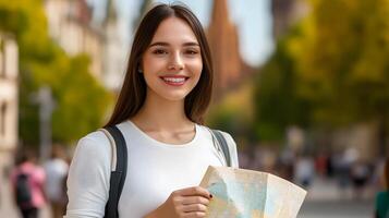 A smiling woman standing in a historic city holding a map as she explores the local sights and landmarks photo