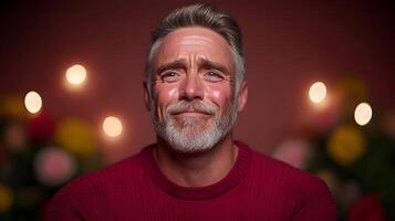 A thoughtful elderly man with a gray beard appears to be deeply moved and emotional his expression conveying a sense of nostalgia contemplation or heartfelt sentiment in a warm photo